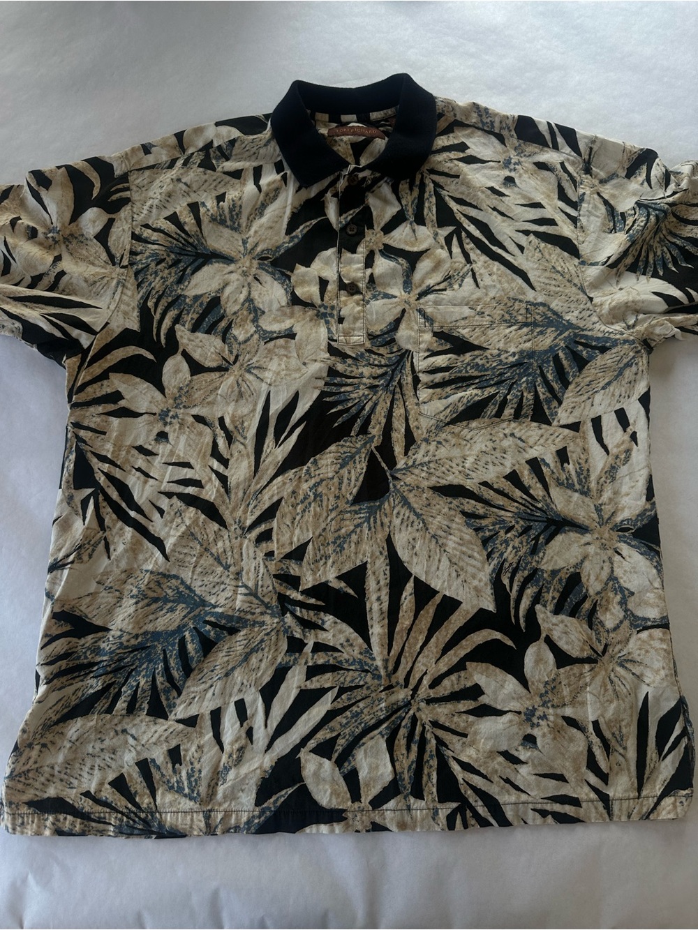 Tori Richard Beige Black Blue Floral Polo Shirt Men's L Short Sleeve Pocket